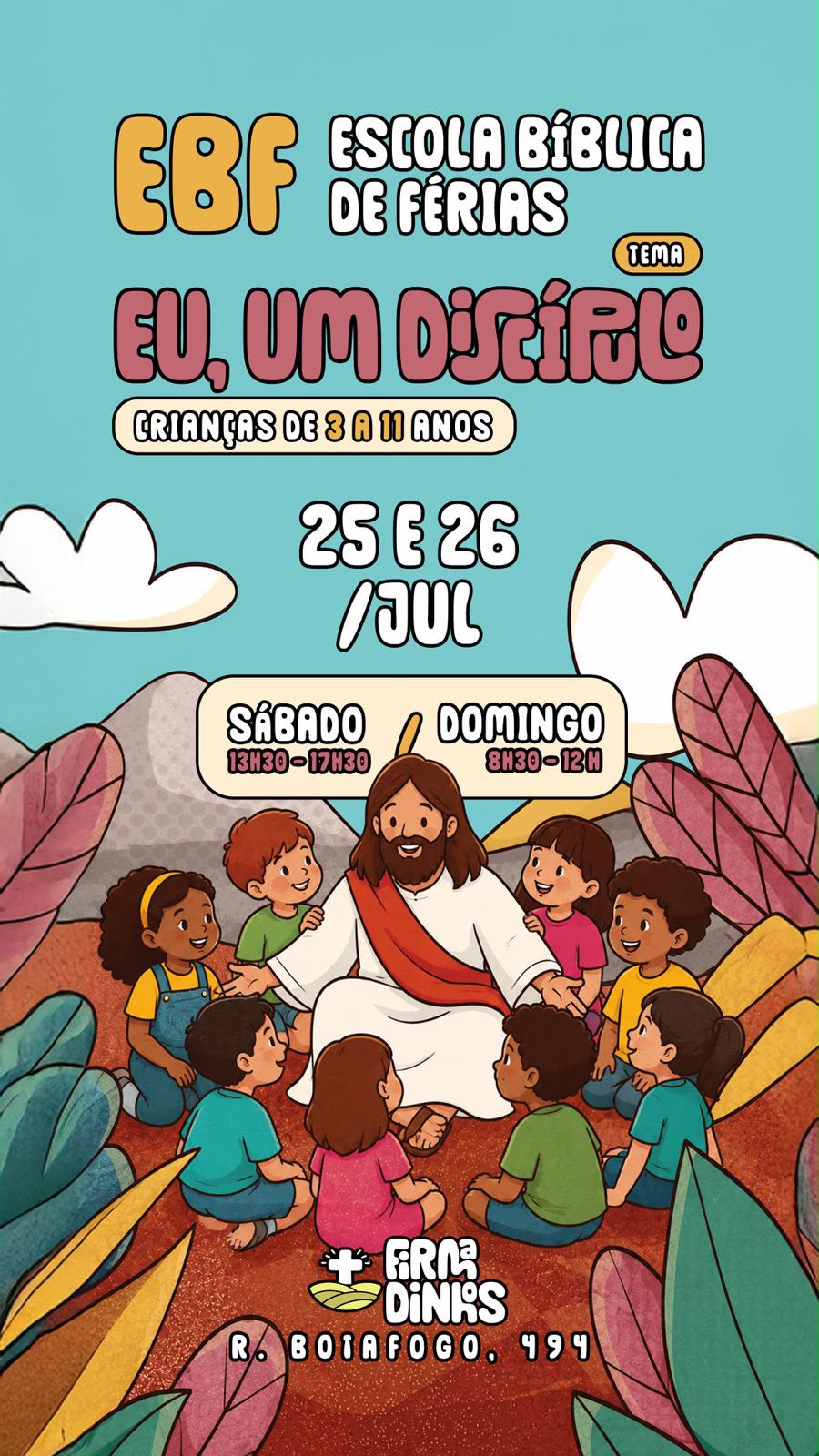 Arte da Escola Bíblica de Férias: Jesus reunido com crianças.